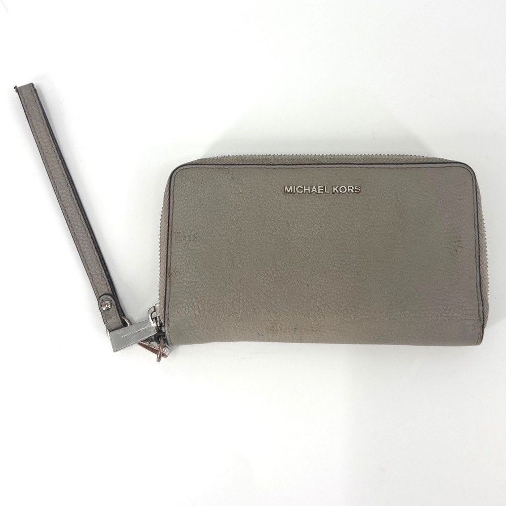 Michael Kors Womens Gray Leather Wristlet Clutch Wallet Zip Around Organizer